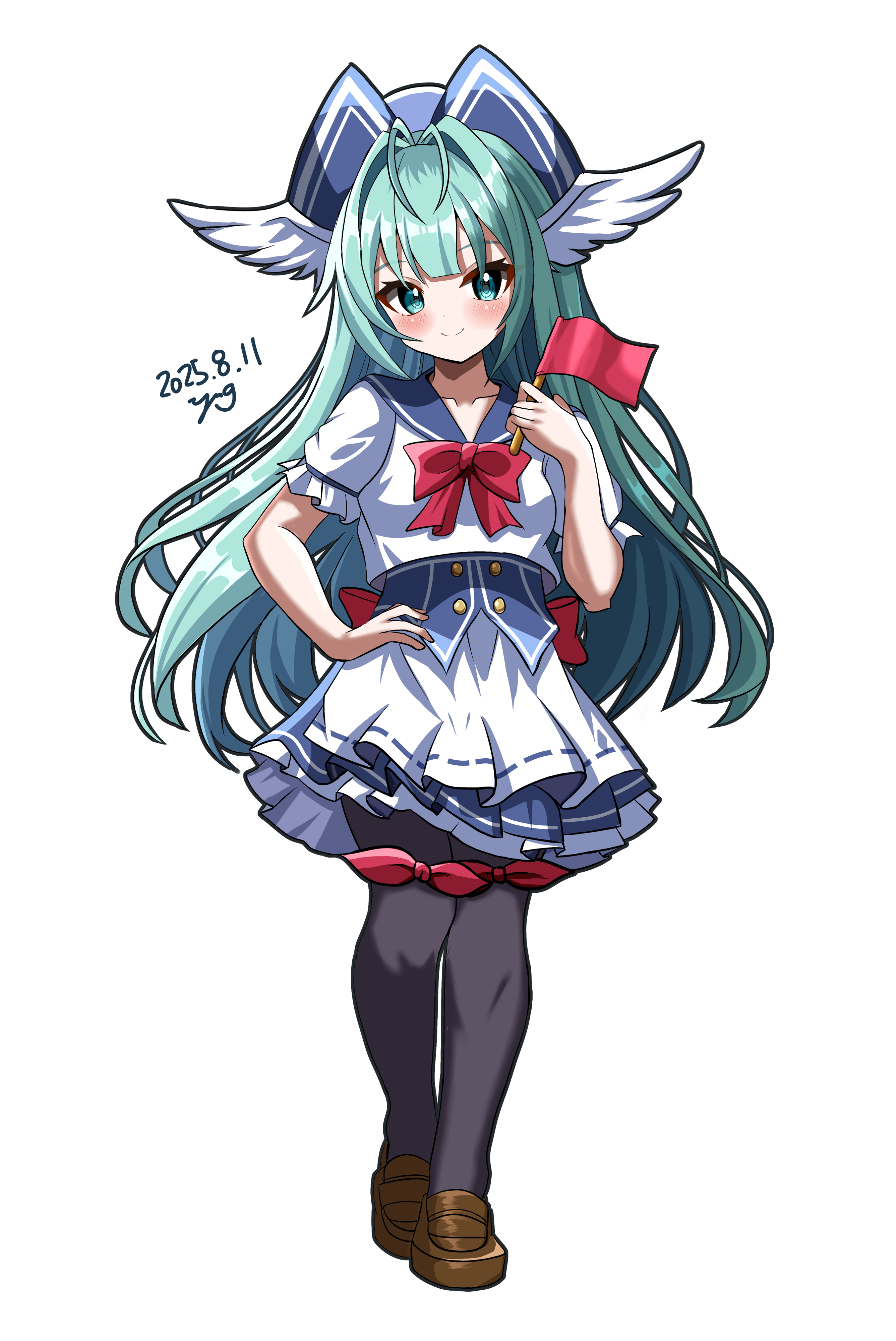 yanapy, emil chronicle online, absurdres, highres, 1girl, antenna hair, artist name, black pantyhose, blue hat, blue skirt, brown shoes, dated, flag, fly fish alma, frilled sleeves, frills, green eyes, green hair, hair wings, hat, holding, holding flag, leg ribbon, long hair, neck ribbon, pantyhose, red ribbon, ribbon, sailor collar, shirt, shoes, signature, skirt, solo, white background, white shirt, white skirt, white wings, wings