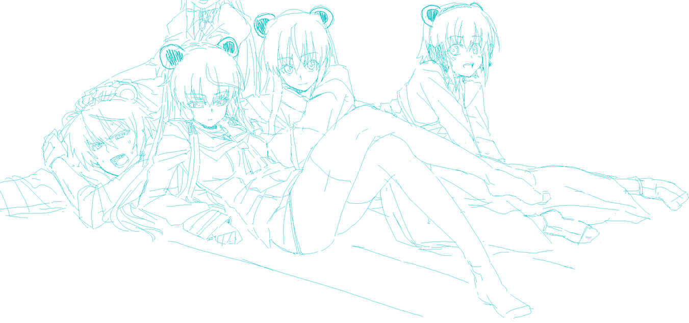 kurosho, akabane kureha, anzelotte, hiiragi renji, himuro akari, housen elis, night wizard, 00s, 1boy, 4girls, aqua theme, monochrome, multiple girls, oekaki