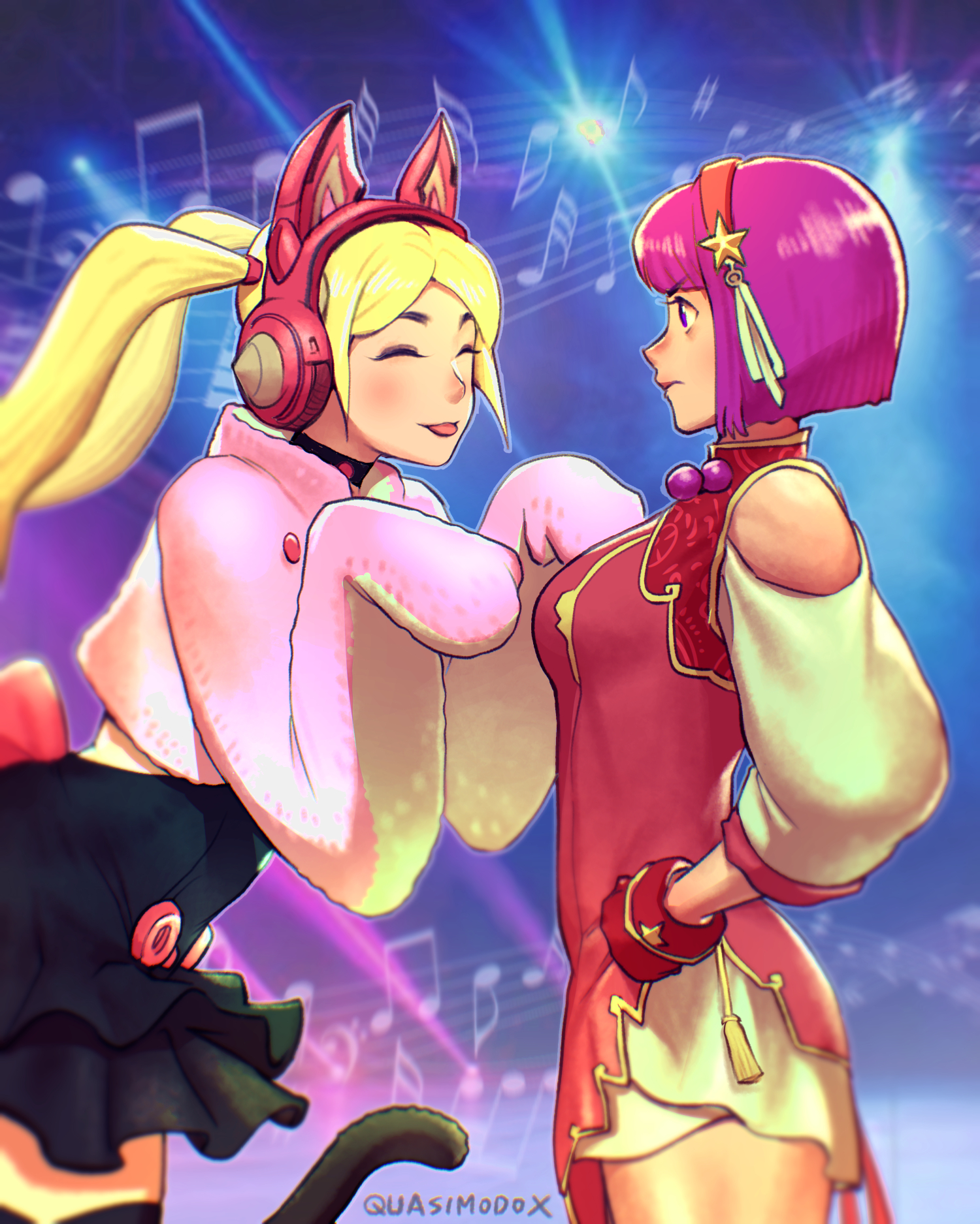 quasimodox, asamiya athena, lucky chloe, bandai namco, snk, tekken, tekken 7, the king of fighters, the king of fighters xv, highres, 1girl, 2girls, animal ear headphones, animal ears, animal hands, beamed eighth notes, black thighhighs, blonde hair, blush, breasts, cat ear headphones, cat tail, choker, crossover, fake animal ears, fingerless gloves, fortissimo, gloves, hair ornament, hairband, hands on own hips, headphones, jewelry, large breasts, long hair, multiple girls, musical note, paw gloves, paw pose, purple eyes, purple hair, red hairband, short hair, star (symbol), star hair ornament, tail, thighhighs, treble clef, twintails