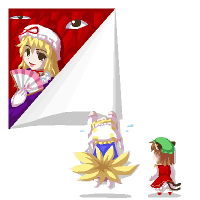 fukaiton, chen, yakumo ran, yakumo yukari, touhou, lowres, 3girls, animal ears, animal hat, blouse, cat ears, cat girl, female focus, folding fan, gap (touhou), hand fan, hat, holding, holding fan, mob cap, multiple girls, multiple tails, oekaki, shirt, simple background, tail, two tails, white background, white shirt
