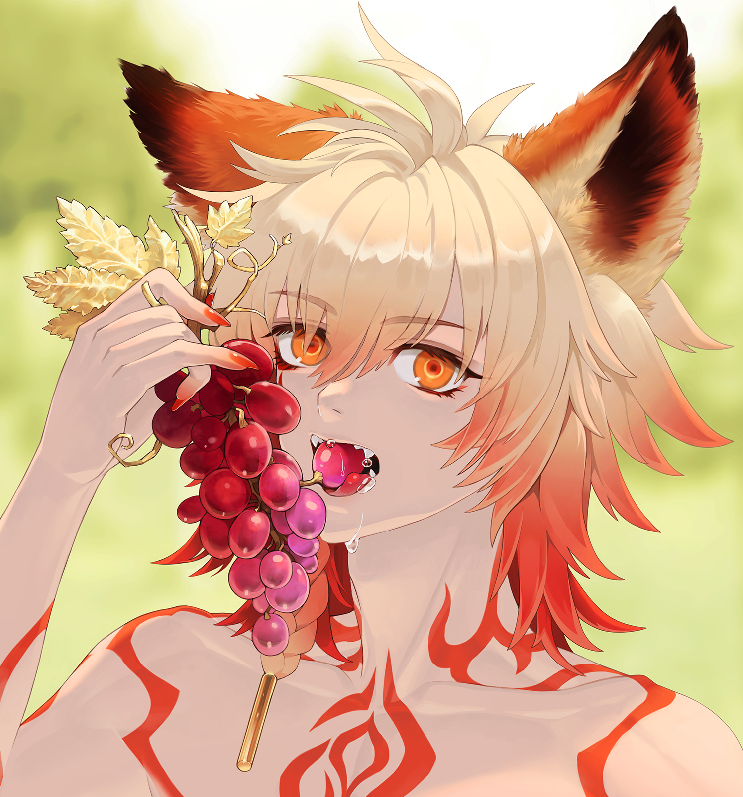 mydei (honkai: star rail), honkai: star rail, honkai (series), commentary request, highres, korean commentary, 1boy, aged down, animal ears, arm tattoo, blonde hair, braid, chest tattoo, facial tattoo, fangs, fiercepenguin 0, food, fox boy, fox ears, fruit, gradient hair, grapes, hair between eyes, holding, holding food, holding fruit, male focus, medium hair, multicolored hair, red hair, red tattoo, saliva, side braid, solo, tattoo, topless male, yellow eyes