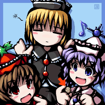 fukaiton, lunasa prismriver, lyrica prismriver, merlin prismriver, touhou, lowres, 3girls, blue background, female focus, hat, multiple girls, oekaki, siblings, sisters, skirt, upper body