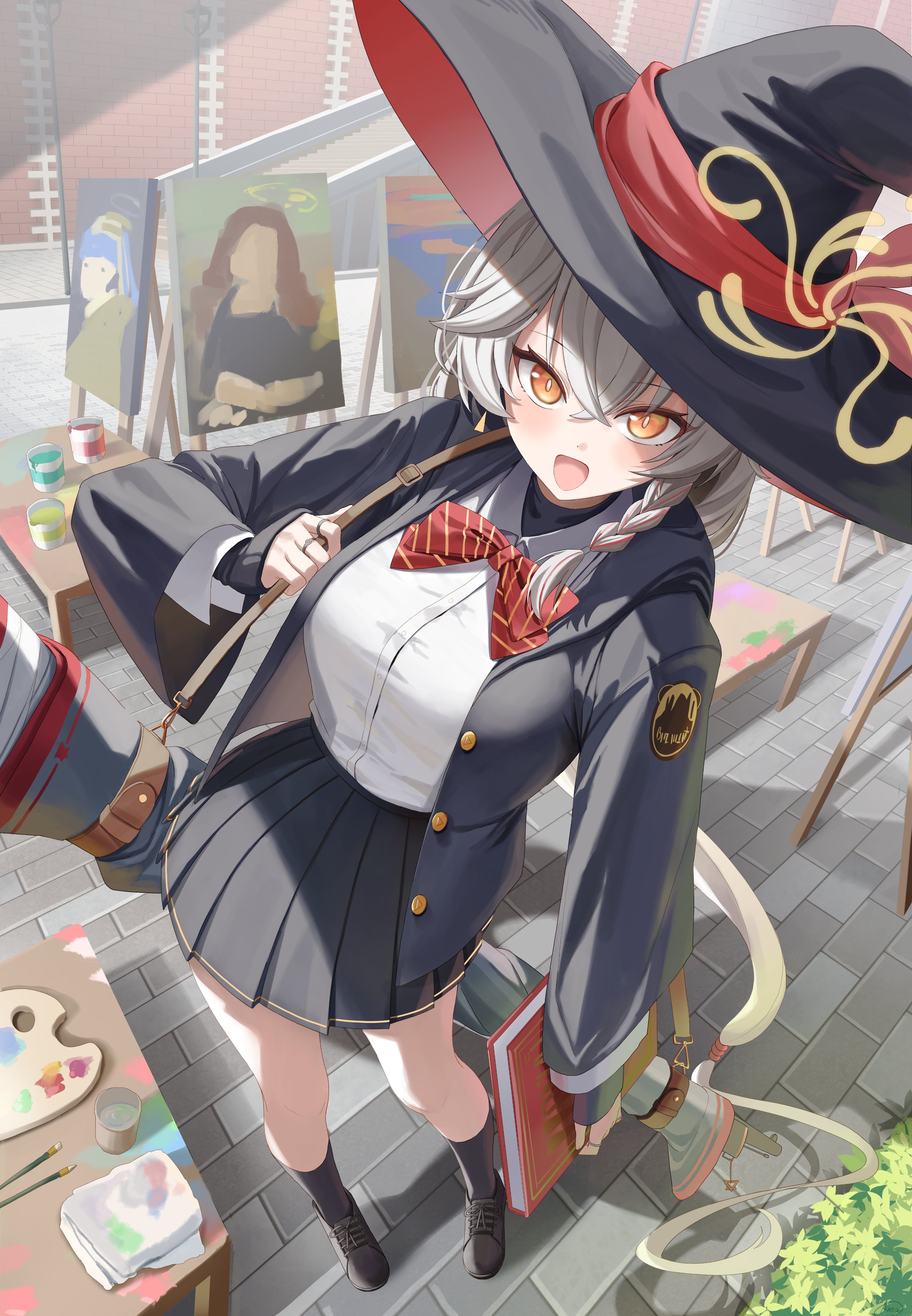 aaroza, eri (blue archive), blue archive, absurdres, highres, 1girl, black socks, book, grey jacket, grey skirt, hair between eyes, halo, hat, holding, holding book, jacket, kneehighs, long hair, red ribbon, ribbon, shirt, skirt, socks, solo, thighs, white hair, white shirt, witch hat, yellow eyes, yellow halo