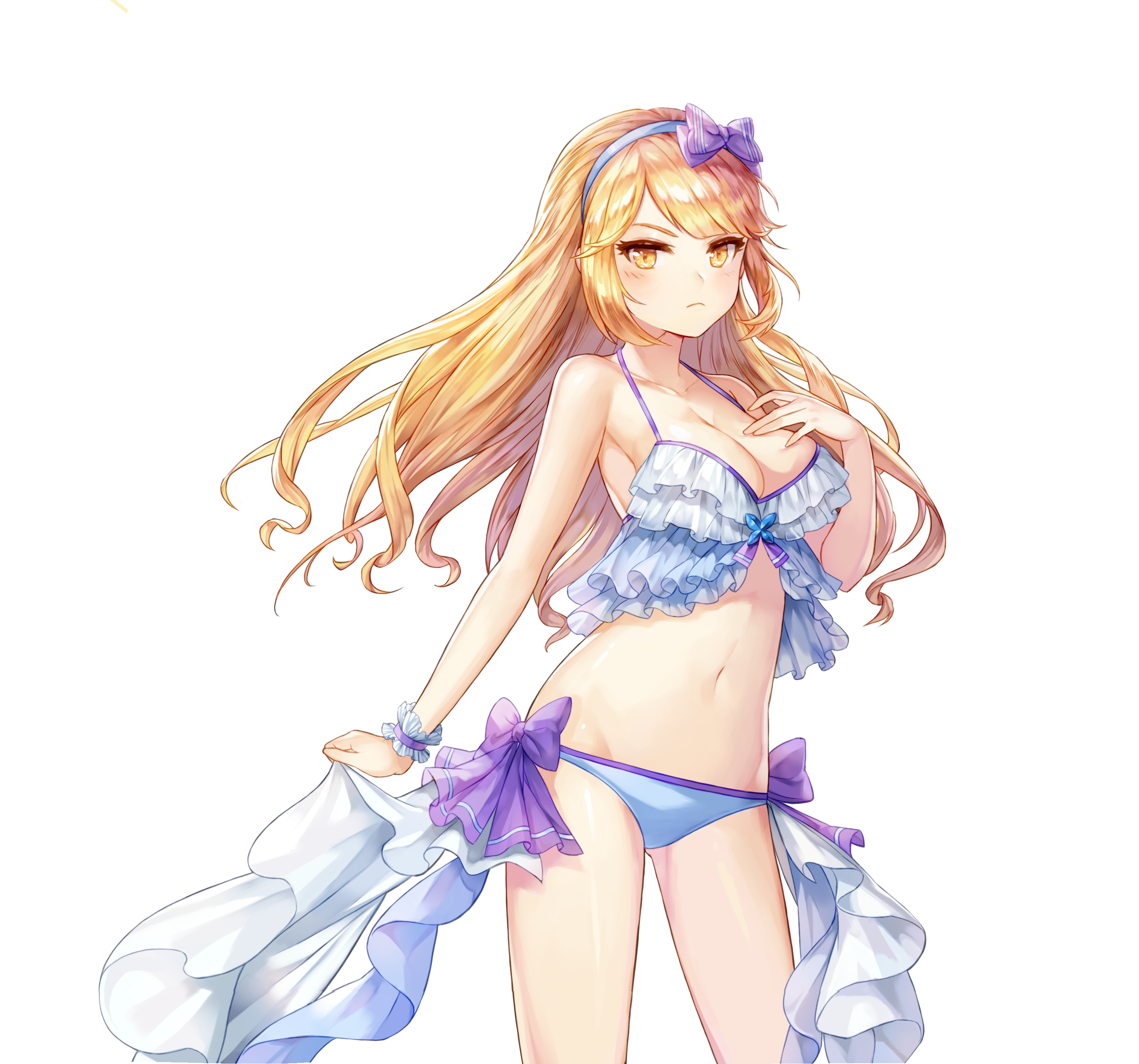 aisha (king's raid), king's raid, absurdres, artist request, commentary, commentary request, english commentary, highres, korean commentary, mixed-language commentary, official art, second-party source, 1girl, armpits, bare arms, bare shoulders, bikini, blonde hair, blue bikini, bow, breasts, cleavage, closed mouth, cowboy shot, frilled bikini, frills, gluteal fold, groin, hair bow, hairband, halterneck, hand up, long hair, looking at viewer, medium breasts, navel, official alternate costume, side-tie bikini bottom, solo, standing, stomach, swimsuit, thighs, transparent background, wrist cuffs, yellow eyes