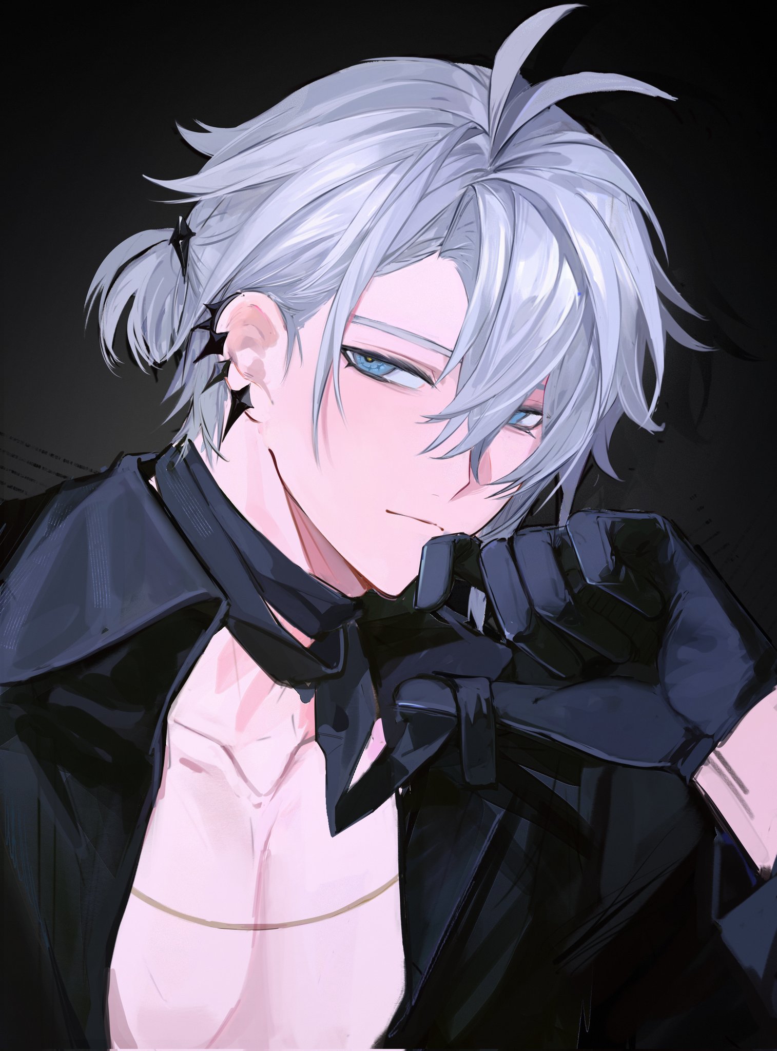 hmayme4238, phainon (fashion) (honkai: star rail), phainon (honkai: star rail), honkai: star rail, honkai (series), highres, 1boy, bare pectorals, black gloves, black shirt, blue eyes, closed mouth, crossed bangs, gloves, grey hair, hair between eyes, half-closed eyes, hand up, looking at viewer, male focus, official alternate costume, open clothes, open shirt, parted bangs, pectorals, shirt, short hair, solo, upper body