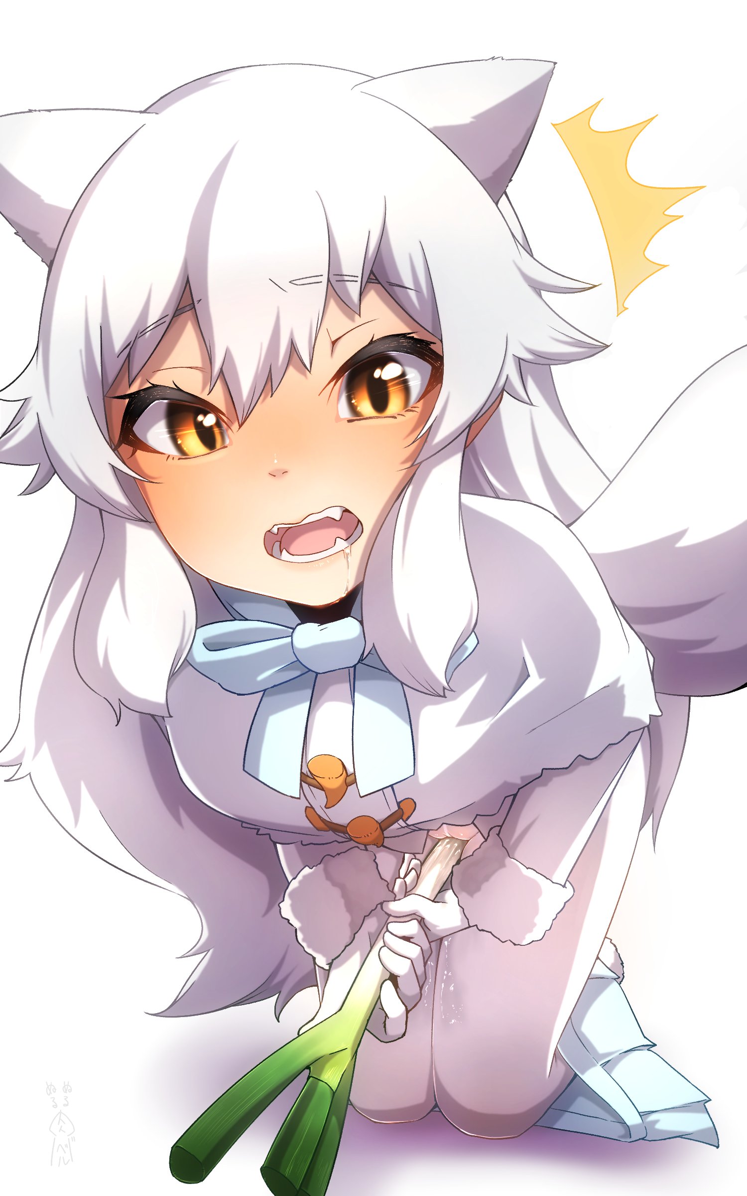 thin (suzuneya), arctic fox (kemono friends), kemono friends, kemono friends 3, absurdres, commentary request, highres, 1girl, ^^^, animal ears, bent over, blue bow, blue bowtie, bow, bowtie, cameltoe, capelet, clothed masturbation, clothes pull, crotch seam, extra ears, fangs, female masturbation, food, fox ears, fox girl, fox tail, fur-trimmed sleeves, fur trim, hair between eyes, holding, holding food, holding spring onion, holding vegetable, kneeling, long hair, long sleeves, looking at viewer, masturbation, open mouth, pussy juice, saliva, see-through clothes, see-through pantyhose, shirt, skirt, skirt pull, solo, spring onion, surprised, tail, vegetable, very long hair, wet, wet clothes, wet pantyhose, white capelet, white hair, yellow eyes
