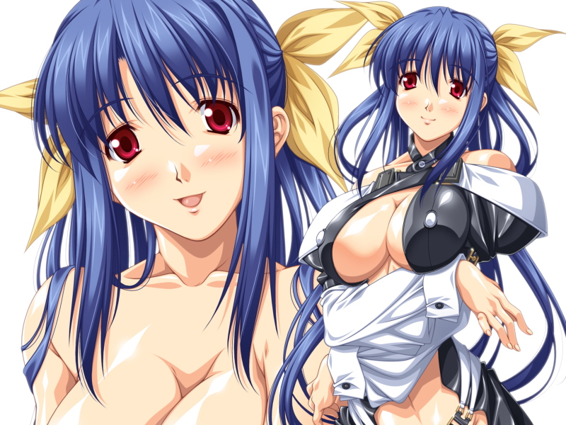 racco, dizzy (guilty gear), arc system works, guilty gear, 1girl, :d, blue hair, bodysuit, breasts, cleavage, covered erect nipples, crossed arms, dress, large breasts, long hair, looking at viewer, open mouth, red eyes, simple background, skin tight, smile, very long hair, white background
