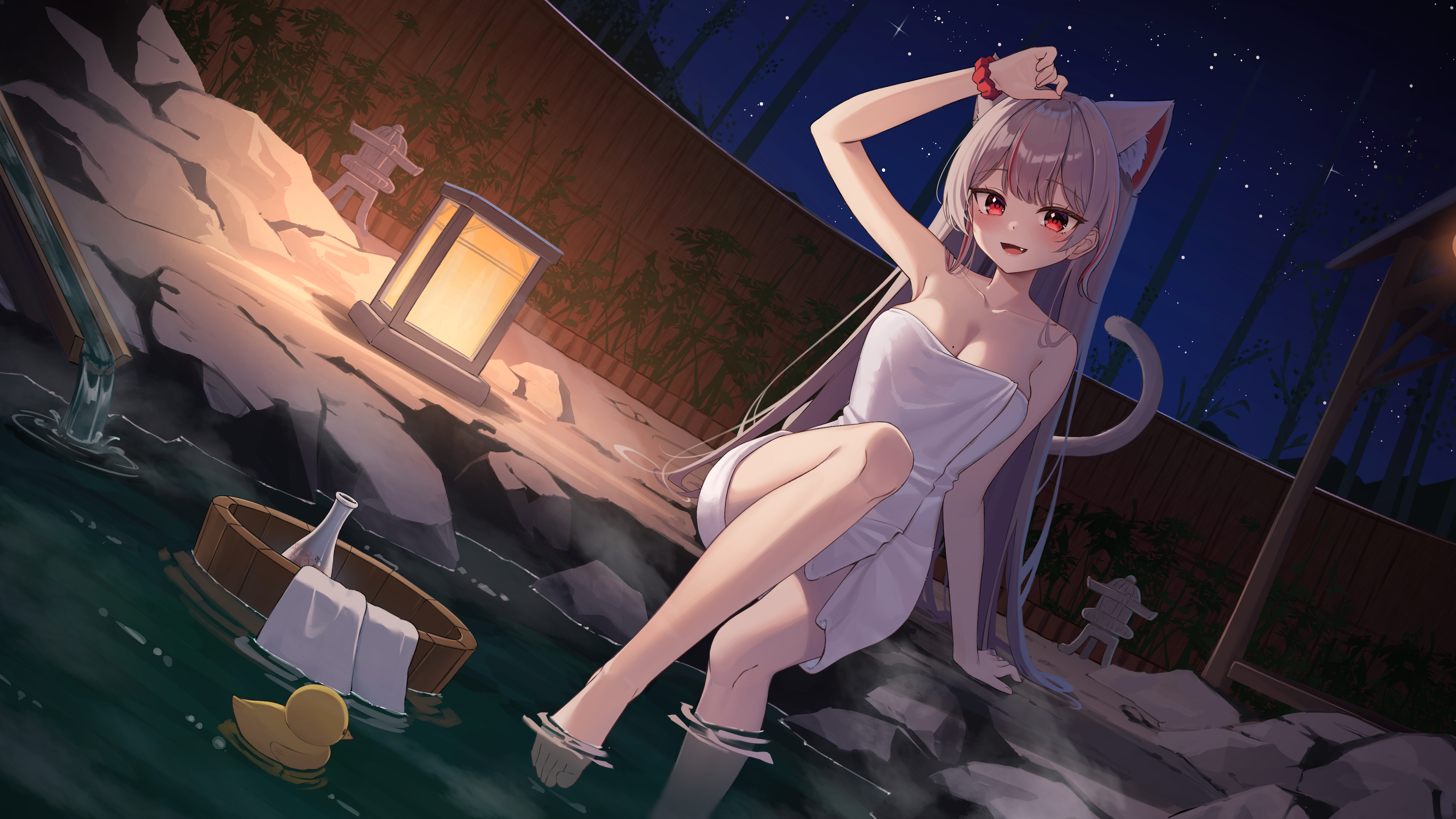 lunyaria, neneko mashiro, stellive, absurdres, highres, 1girl, animal ears, bare shoulders, breasts, cat ears, cat girl, cat tail, grey hair, grey tail, large breasts, looking at viewer, naked towel, onsen, red eyes, rubber duck, solo, tail, thighs, towel