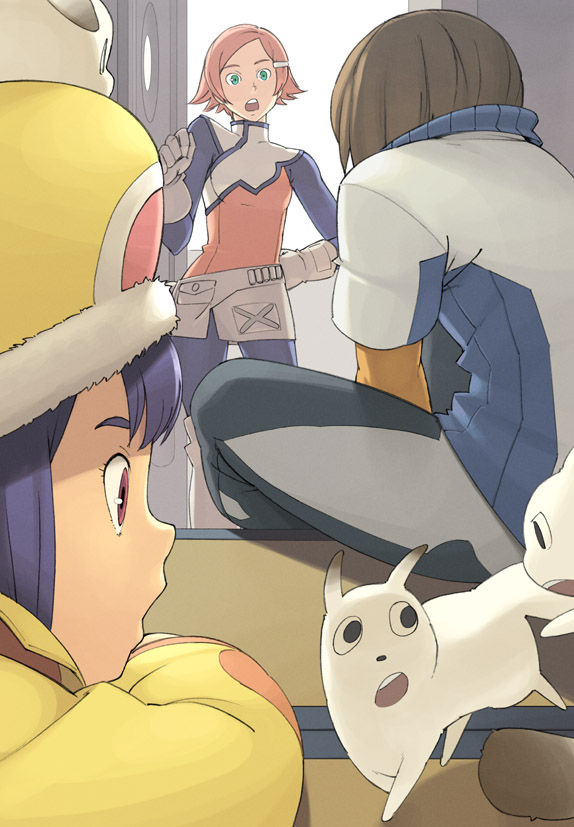 go robots, ana medaiyu, gainer sanga, sara kodama, overman king gainer, white footwear, 00s, 1boy, 2girls, animal, animal on head, aqua eyes, back, bag, belt pouch, boots, brown hair, clenched hands, door, fur trim, gainer, gloves, hair ornament, hairclip, hand on own hip, layered sleeves, long sleeves, looking at another, multiple girls, on head, open door, open mouth, overskirt, pants, parted bangs, pink hair, pouch, purple eyes, purple hair, short over long sleeves, short sleeves, sitting, standing, thighhighs, white gloves