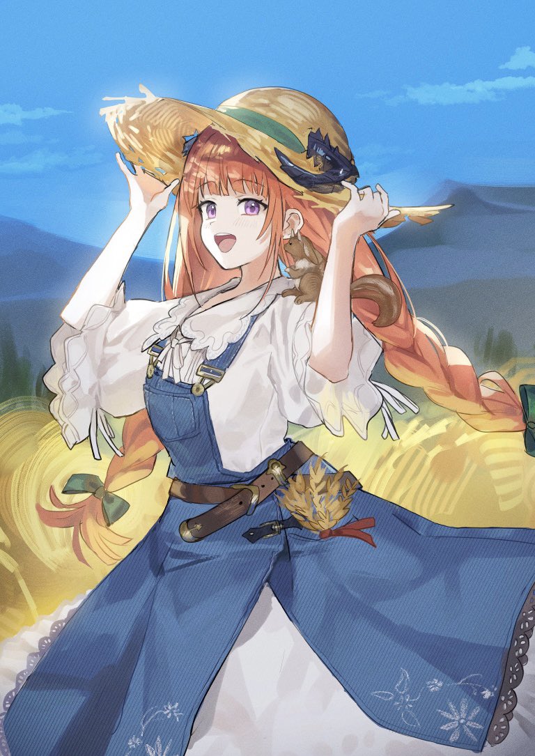 pimi, bagpipe (arknights), bagpipe (echo of bagpipes) (arknights), arknights, braided twintails, commentary, 1girl, adjusting clothes, adjusting headwear, animal, animal on shoulder, apron, belt, blue apron, blue sky, bow, braid, curled horns, day, denim apron, dress, green bow, hair bow, hat, horns, horns through headwear, light blush, long hair, official alternate costume, official alternate hairstyle, open mouth, orange hair, outdoors, purple eyes, short sleeves, sky, solo, squirrel, straw hat, teeth, upper teeth only, very long hair, wheat, wheat field, white dress, wide sleeves