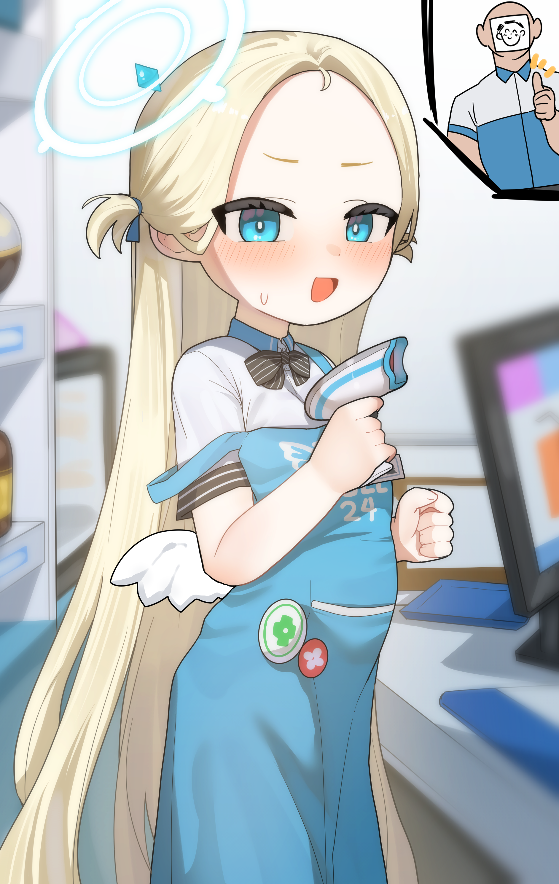 freehoney, doodle sensei (blue archive), sensei (blue archive), sora (blue archive), blue archive, absurdres, commentary request, highres, paid reward available, 1boy, 1girl, apron, blonde hair, blue apron, blue eyes, blush, forehead, halo, long hair, shirt, thumbs up, white wings, wings