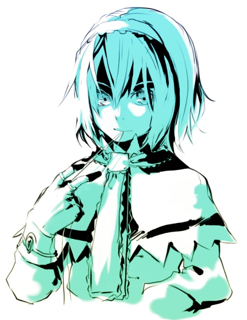 takishima asaka, alice margatroid, touhou, 1girl, aqua theme, capelet, female focus, gloves, gradient hair, hairband, monochrome, multicolored hair, short hair, solo, upper body