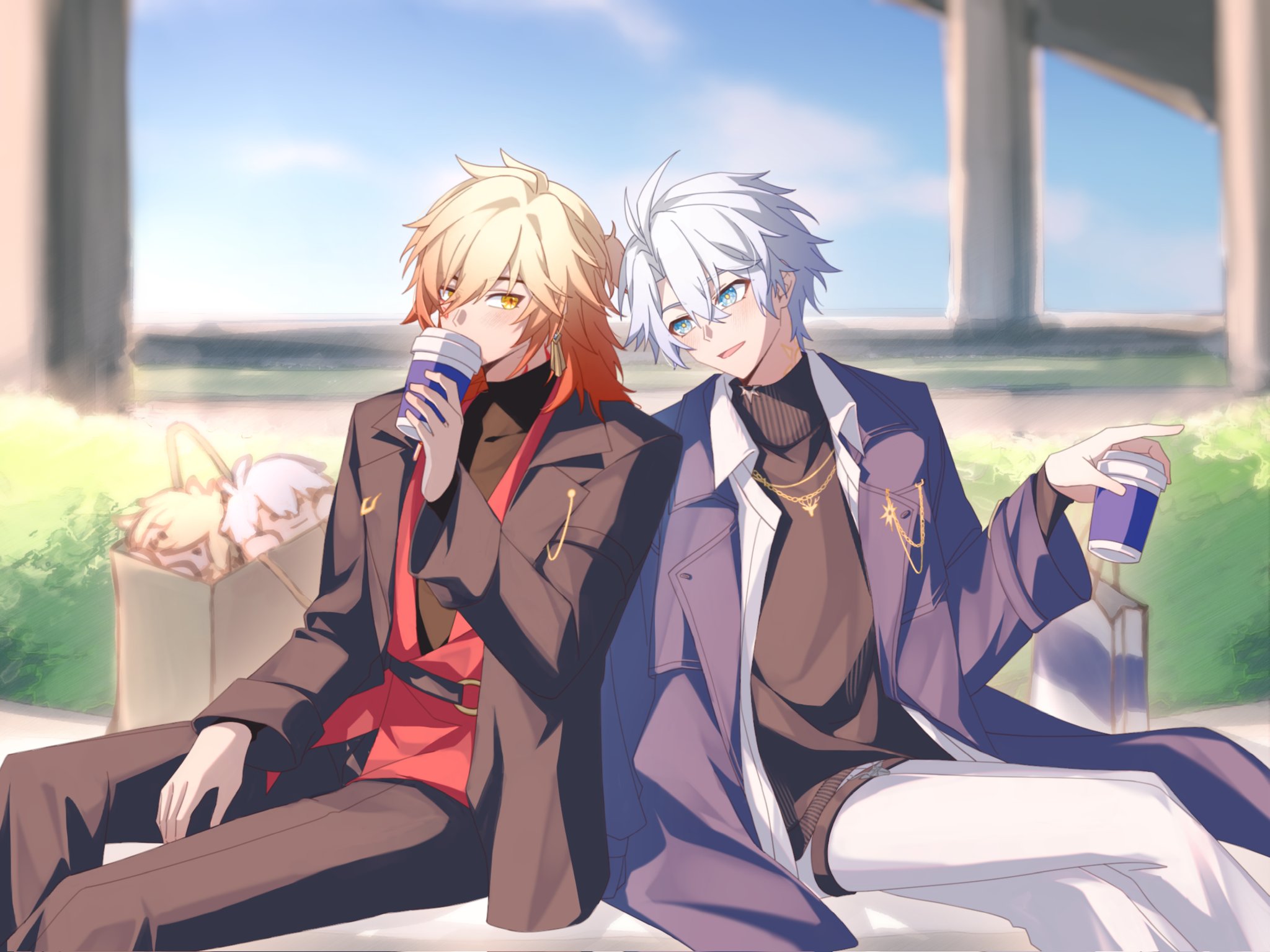 mydei (honkai: star rail), phainon (honkai: star rail), honkai: star rail, honkai (series), commentary request, highres, 2boys, antenna hair, black jacket, black sweater, blonde hair, blue eyes, blue sky, character doll, coat, collared shirt, cup, disposable coffee cup, disposable cup, doll, gradient hair, holding, holding cup, jacket, male focus, medium hair, multicolored hair, multiple boys, official alternate costume, open clothes, open coat, open jacket, pants, parted bangs, phainon (luckin coffee) (honkai: star rail), purple coat, red hair, red shirt, shirt, short hair, sitting, sky, sweater, turtleneck, turtleneck sweater, white hair, white pants, white shirt, yellow eyes, yntk rei