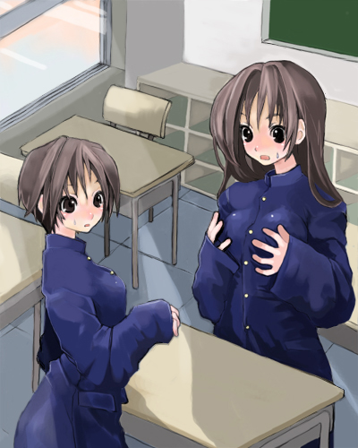 mashiro yuu, saibashi, gender request, lowres, 2girls, brown eyes, brown hair, gakuran, genderswap, long hair, multiple girls, school uniform, serafuku, short hair
