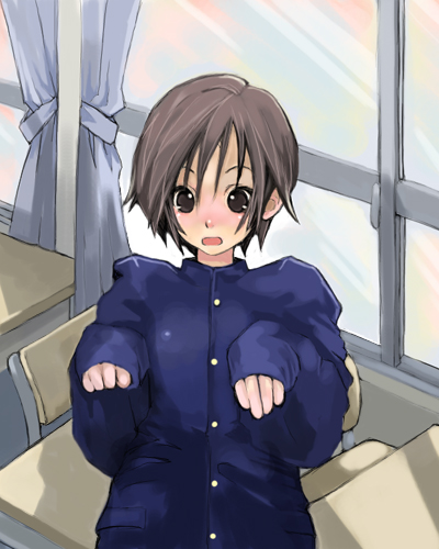 mashiro yuu, saibashi, gender request, lowres, 1girl, brown eyes, brown hair, female focus, genderswap, school uniform, serafuku, short hair, solo