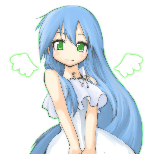 hane (hanegoya), izumi kanata, lucky star, 00s, 1girl, angel, angel wings, blue hair, dress, female focus, green eyes, long hair, no nose, smile, solo, v arms, wings