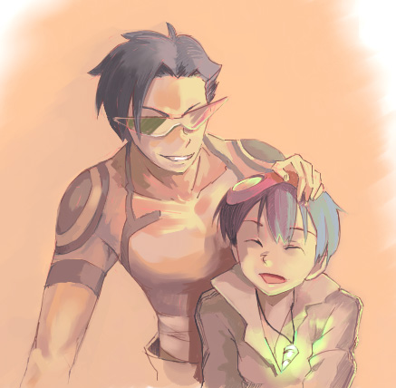guitar (guitars), kamina (ttgl), simon (ttgl), tengen toppa gurren lagann, lowres, 00s, 2boys, blue hair, bodypaint, core drill, drill, glasses, goggles, goggles on head, kamina shades, male focus, multiple boys, topless male, triangular eyewear
