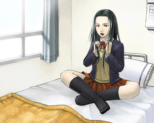 iwasumi tatsuhiko, mashiro yuu, gender request, lowres, 1girl, bed, black hair, crossed legs, female focus, genderswap, indian style, long hair, school uniform, serafuku, sitting, solo, window