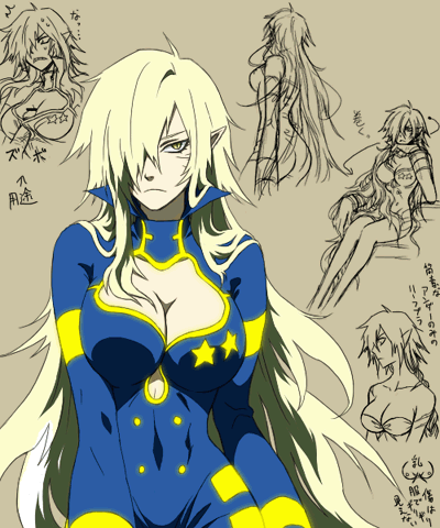 viral (ttgl), tengen toppa gurren lagann, artist request, gender request, lowres, 00s, 1girl, blonde hair, breasts, censored, cleavage, cleavage cutout, clothing cutout, genderswap, hair over one eye, large breasts, long hair, paizuri, penis, pointy ears, solo focus, yellow eyes