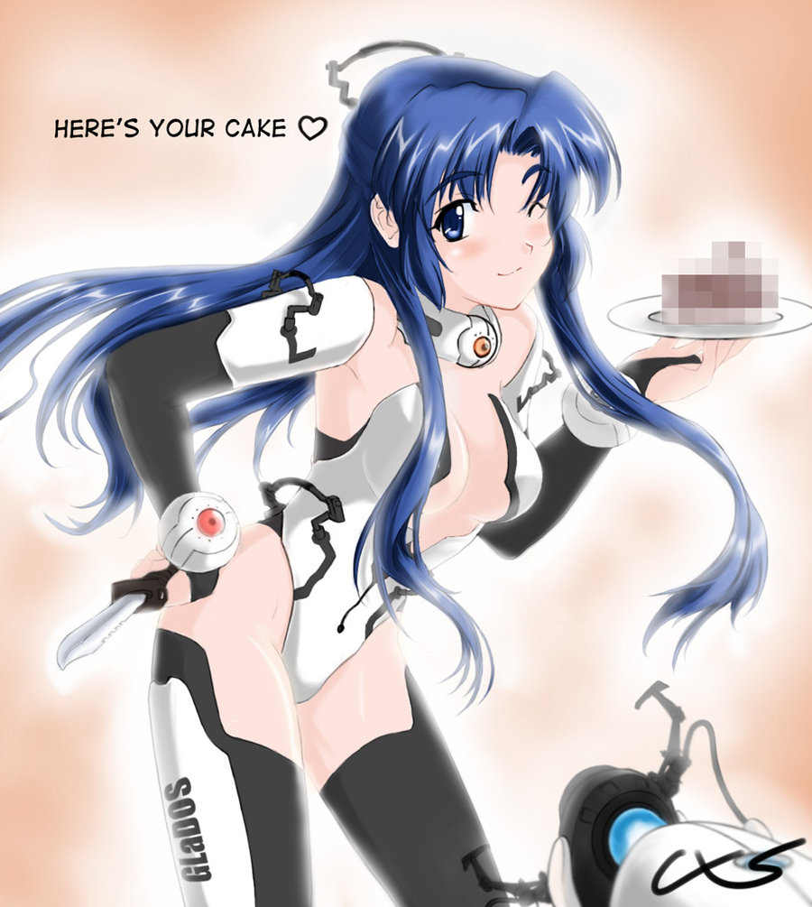 crossxaber, asakura ryoko, glados, glados-tan, portal (series), portal 1, suzumiya haruhi no yuuutsu, md5 mismatch, resolution mismatch, source larger, 1girl, aperture science handheld portal device, blue eyes, blue hair, cake, censored, censored food, choker, cosplay, crossover, english text, female focus, food, glados (cosplay), knife, long hair, matching hair/eyes, meme, one eye closed, pastry, personification, plate, pov, smile, solo, the cake is a lie (meme), thighhighs, valve, wink
