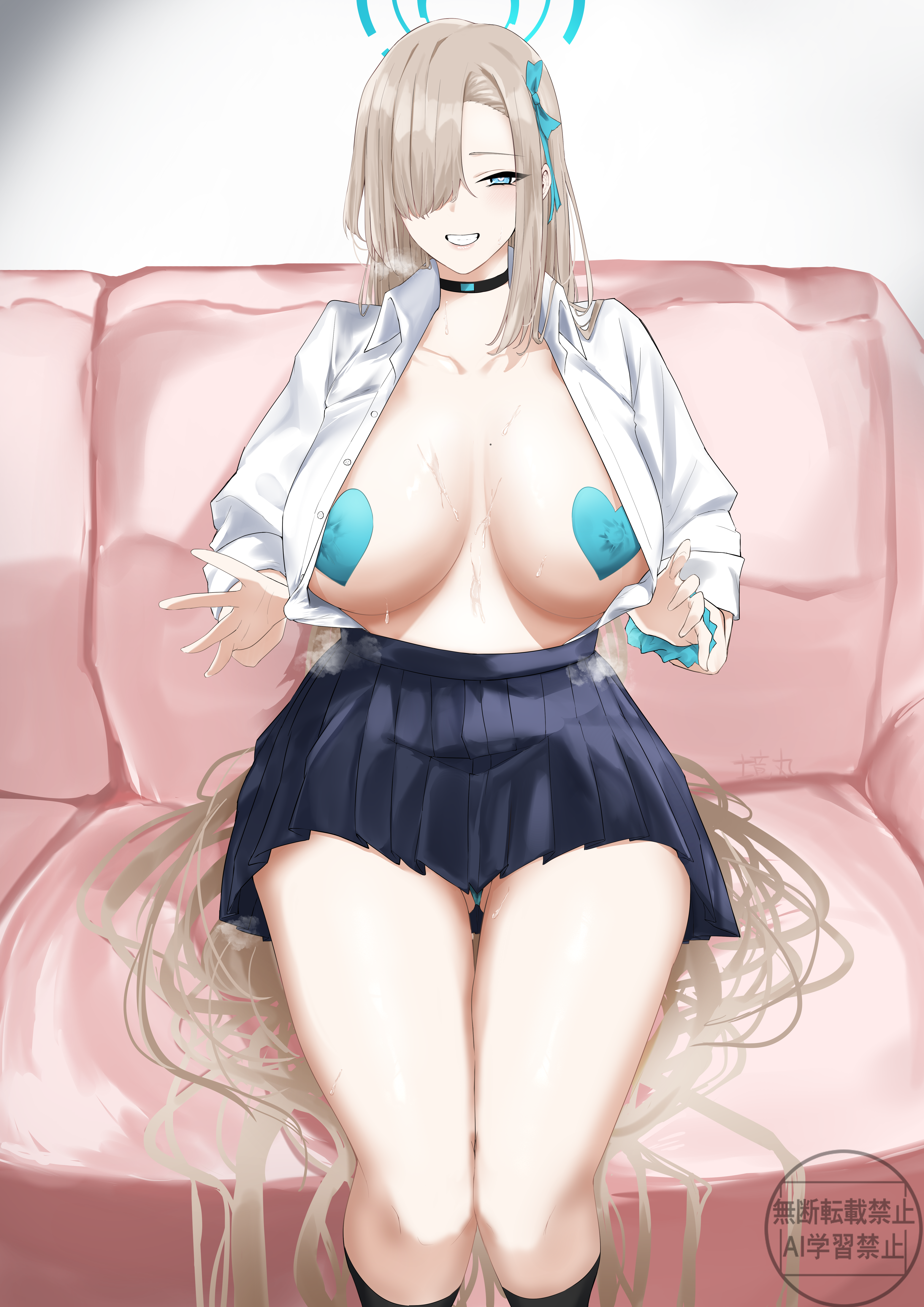 kagamimaru, asuna (blue archive), asuna (school uniform) (blue archive), blue archive, absurdres, commentary request, highres, 1girl, blonde hair, blue eyes, blue halo, blue panties, blue skirt, blush, breasts, choker, collarbone, gluteal fold, grin, hair over one eye, halo, heart pasties, huge breasts, long hair, looking at viewer, official alternate costume, open clothes, open shirt, panties, pasties, pleated skirt, school uniform, scrunchie, shirt, sitting, skirt, sleeves rolled up, smile, solo, underwear, undressing, very long hair, white shirt, wrist scrunchie