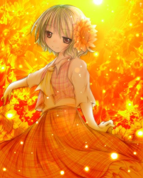 kasuga sunao, kazami yuuka, touhou, 1girl, ascot, female focus, flower, green hair, hair flower, hair ornament, light smile, orange theme, plaid clothes, plaid skirt, plaid vest, red eyes, short hair, skirt, solo, sunflower, vest