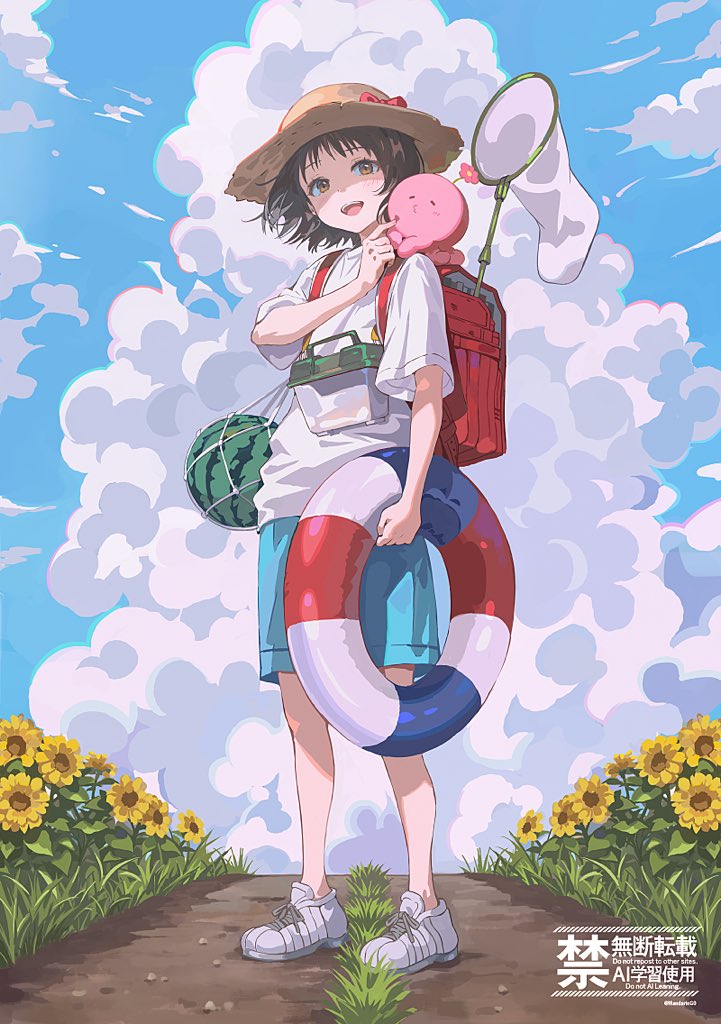 mandaring0, kuze shizuka, takopii, takopii no genzai, 1girl, aqua shorts, backpack, bag, black hair, cloud, cloudy sky, full body, hat, looking at viewer, open mouth, outdoors, red bag, shirt, short hair, short sleeves, shorts, sky, smile, solo, standing, straw hat, teeth, upper teeth only, white shirt, yellow eyes