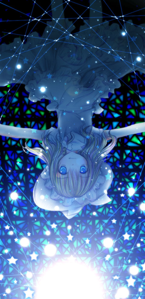 kasuga sunao, kirisame marisa, touhou, 1girl, bow, braid, dress, female focus, frills, hat, looking at viewer, solo, stained glass, star (symbol)