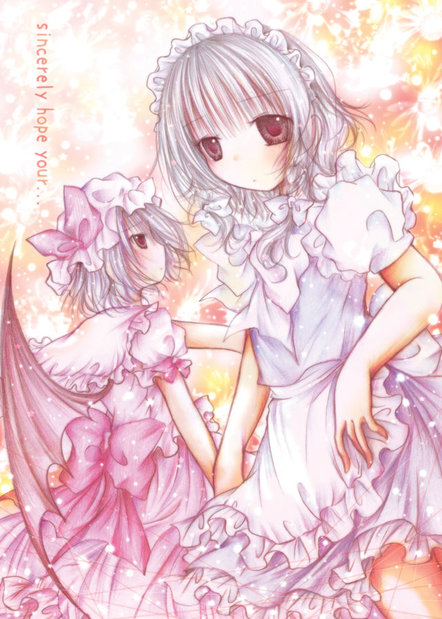 kasuga sunao, izayoi sakuya, remilia scarlet, touhou, 2girls, bat wings, dress, female focus, gradient background, hat, maid, multiple girls, white background, wings