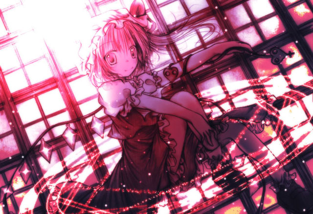 kasuga sunao, flandre scarlet, touhou, 1girl, crystal, demon wings, female focus, flying, full body, light rays, looking at viewer, monochrome, red theme, side ponytail, solo, sunlight, vampire, wings