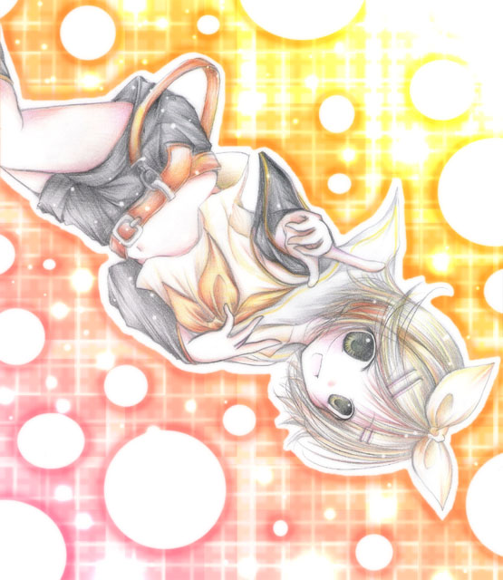 kasuga sunao, kagamine rin, vocaloid, traditional media, 1girl, alternate eye color, arm warmers, belt, black shorts, blonde hair, blouse, bow, female focus, glowing, green eyes, hair bow, hair ornament, hairclip, hand on own chest, index finger raised, leg warmers, looking at viewer, navel, ribbon, sailor collar, shirt, short hair, shorts, sleeveless, solo, stomach, swept bangs, upskirt, white bow, white shirt, yellow ribbon