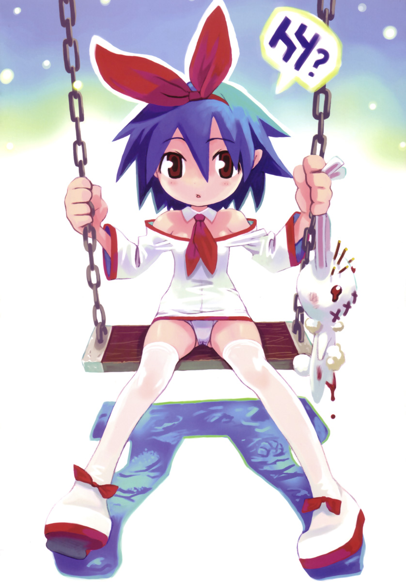 ryoji (nomura ryouji), pleinair, usagi-san, original, highres, 1girl, bare shoulders, blood, blue hair, boots, female focus, hair ribbon, majima ryoji, necktie, on swing, panties, pantyshot, pointy ears, rabbit, red eyes, ribbon, short hair, solo, spread legs, stuffed animal, stuffed rabbit, stuffed toy, swing, thigh boots, thighhighs, underwear