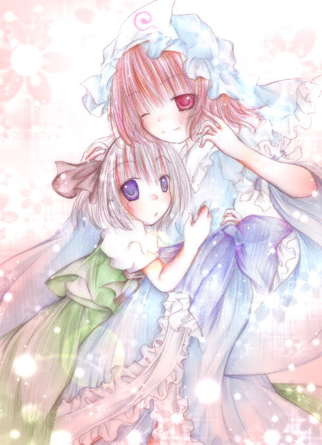 kasuga sunao, konpaku youmu, saigyouji yuyuko, touhou, 2girls, blue dress, blue eyes, blush, bonnet, dress, female focus, flower, frills, green dress, hat, hug, mob cap, multiple girls, one eye closed, red eyes, short hair, smile