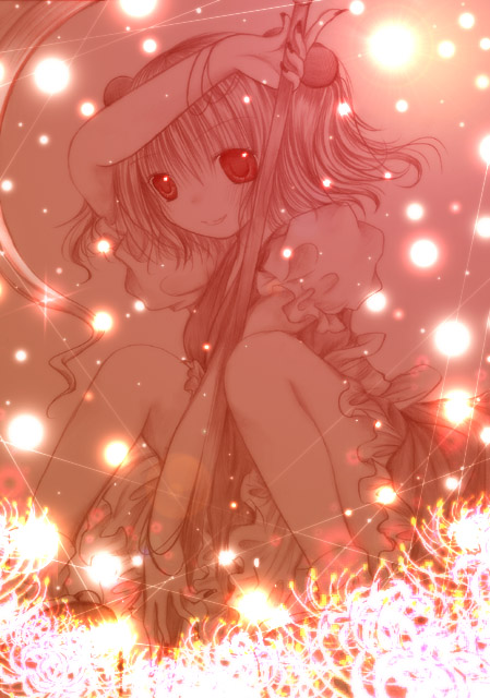 kasuga sunao, onozuka komachi, touhou, 1girl, female focus, flower, monochrome, red flower, red theme, solo, spider lily