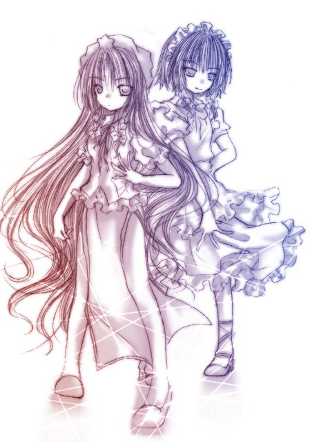 kasuga sunao, hong meiling, izayoi sakuya, embodiment of scarlet devil, touhou, 2girls, female focus, full body, monochrome, multiple girls