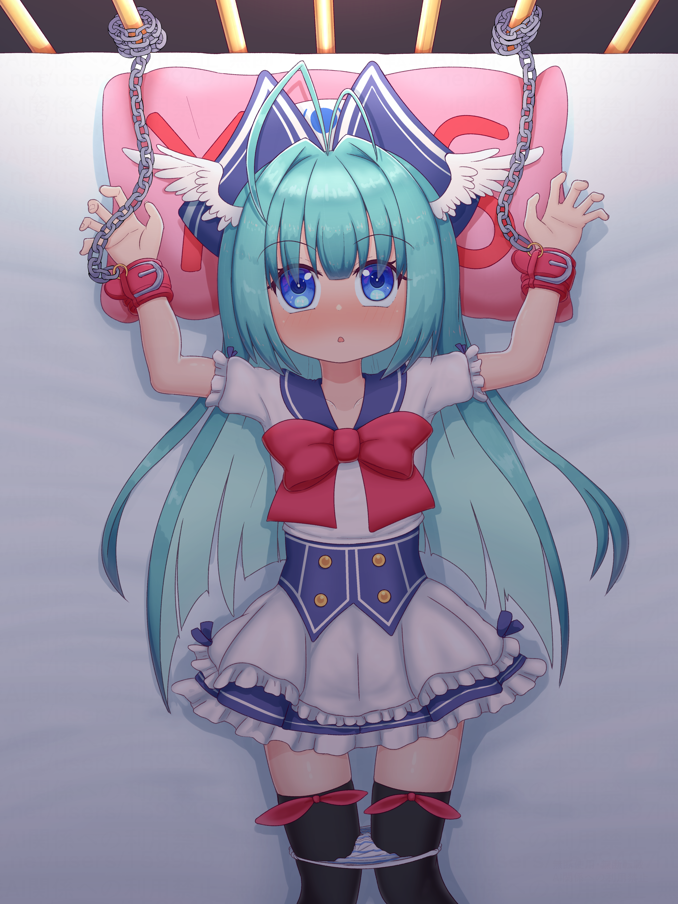 emil chronicle online, absurdres, highres, 1girl, antenna hair, bdsm, black thighhighs, blue corset, blue eyes, blue hat, blue skirt, blush, bound, bound wrists, chain, corset, fly fish alma, frilled skirt, frills, green hair, hat, head wings, leg ribbon, long hair, neck ribbon, nose blush, on bed, panties, panty pull, red ribbon, ribbon, rna0, sailor collar, shirt, skirt, solo, thighhighs, underwear, white shirt, white skirt, white wings, wings, yes-no pillow