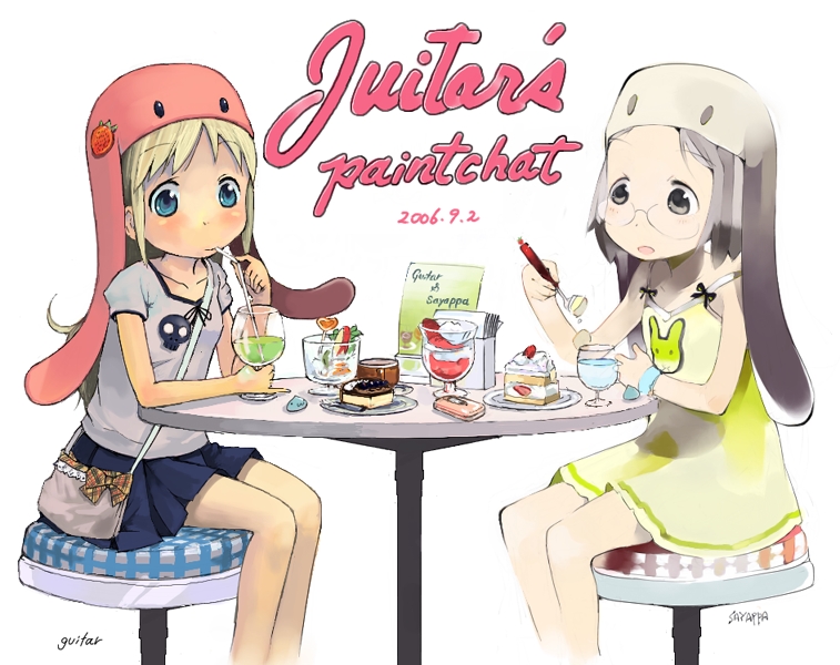 guitar (guitars), kaede (sayappa), sayappa, ana coppola, sakuragi matsuri, ichigo mashimaro, artist collaboration, 2girls, animal hat, artist name, bag, blonde hair, blue eyes, buttons, cake, cellphone, chair, child, dated, dessert, dress, drink, drinking, drinking straw, eating, food, fruit, glasses, grey eyes, handbag, hat, ice tea, multiple girls, pastry, phone, sitting, skirt, strawberry, table