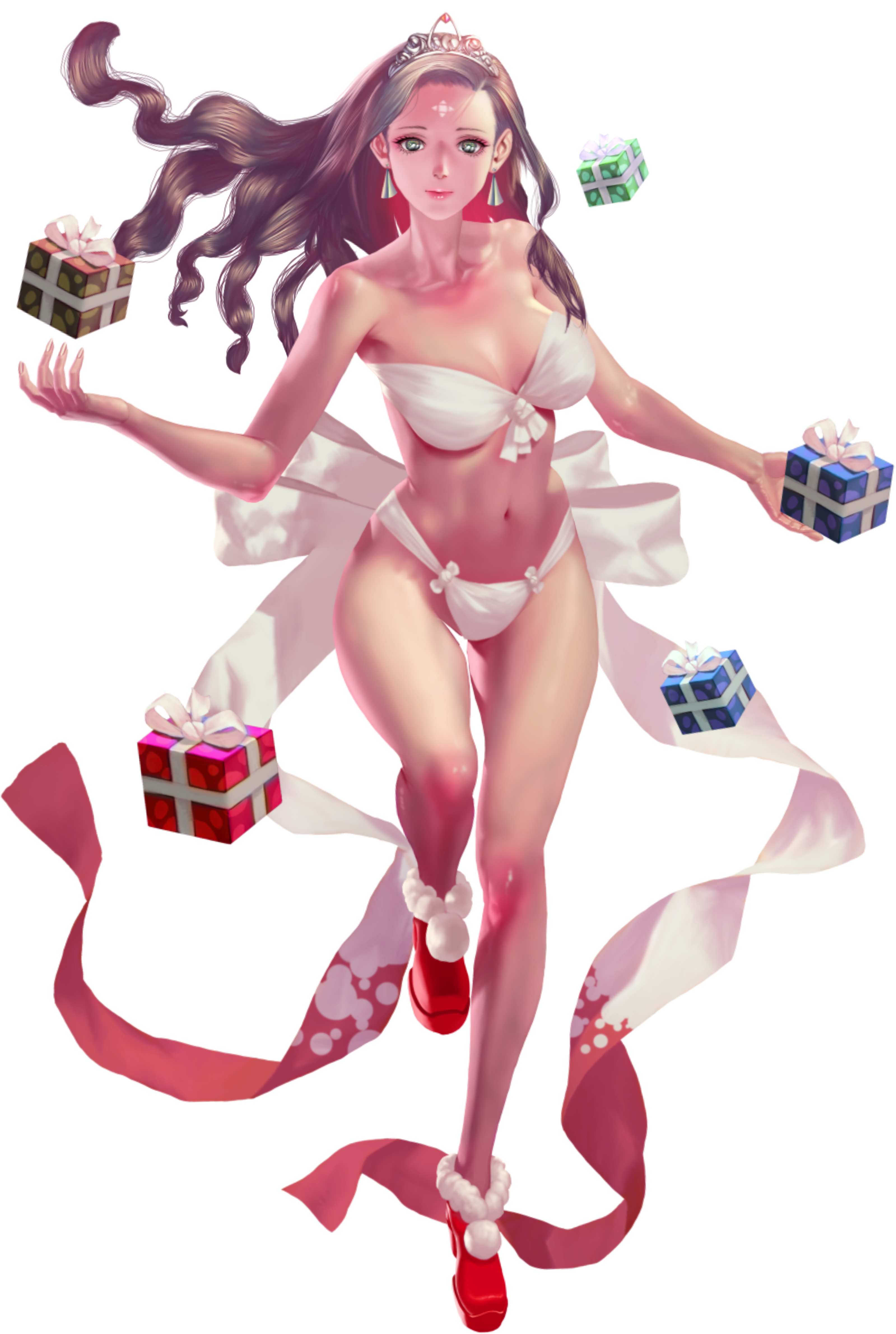 crystal maiden (series), absurdres, artist request, game cg, highres, official art, variant set, 1girl, bare arms, bare legs, bare shoulders, bra, breasts, brown hair, cleavage, closed mouth, earrings, forehead, full body, fur trim, gift, green eyes, groin, holding, holding gift, jewelry, nikol klauz, panties, solo, standing, standing on one leg, tiara, transparent background, underwear, white bra, white panties