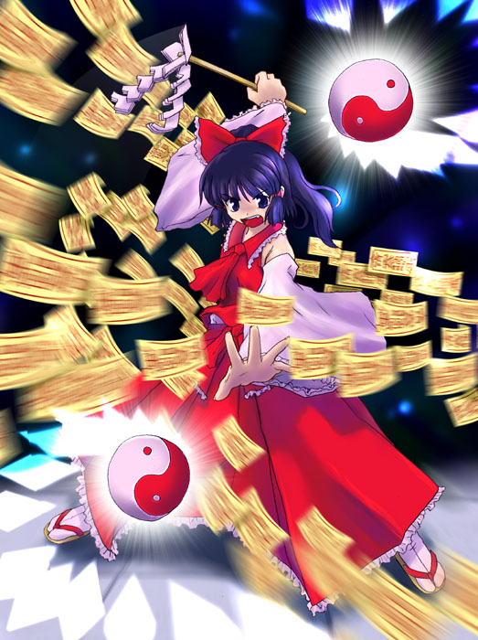 tsuyadashi shuuji, hakurei reimu, perfect cherry blossom, touhou, >:d, 1girl, :d, ascot, black hair, blue eyes, bow, detached sleeves, fang, female focus, fighting stance, foreshortening, frilled bow, frilled shirt collar, frilled skirt, frilled sleeves, frills, geta, gohei, hair bow, hair ribbon, holding, legs apart, light rays, long hair, long skirt, long sleeves, looking at viewer, motion blur, ofuda, open mouth, outstretched arm, palms, ponytail, red bow, red ribbon, red skirt, red vest, ribbon, sandals, skirt, smile, solo, standing, stick, tabi, v-shaped eyebrows, vest, wide sleeves, yin yang, zouri
