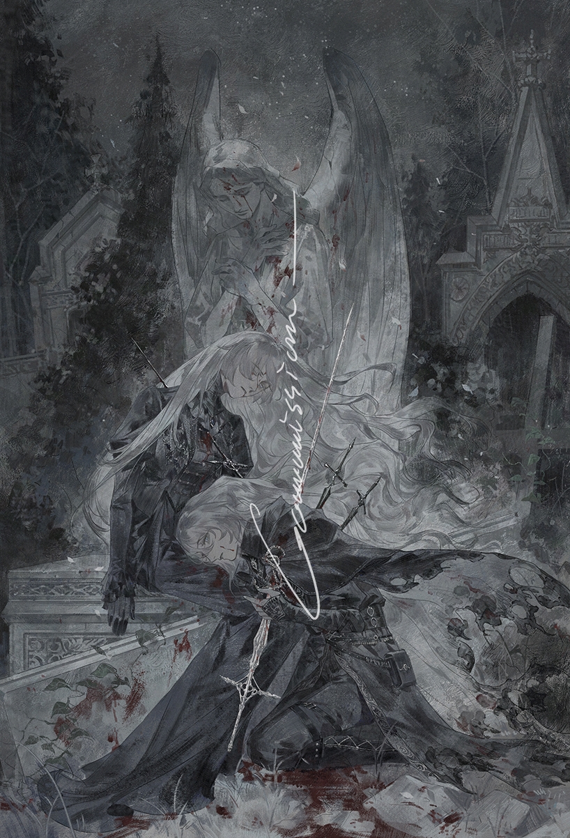 naux, character request, commission, copyright request, highres, angel statue, angel wings, blood, blood on clothes, blood on ground, dagger, grey hair, head on another's leg, impaled, kneeling, knife, long hair, muted color, sitting, stab, statue, sword, weapon, wings