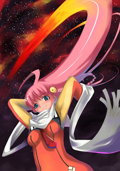 mikazuki akira!, nono (top wo nerae 2!), top wo nerae! (series), top wo nerae 2!, + +, 00s, 1girl, blonde hair, blush, bodysuit, cross-shaped pupils, female focus, floating hair, gradient hair, multicolored hair, pink hair, red hair, scarf, smile, solo, symbol-shaped pupils