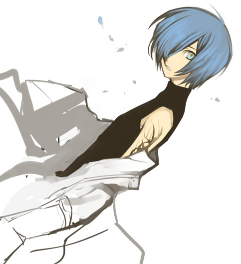 yuuki makoto (persona 3), atlus, persona, persona 3, 1boy, alternate costume, blue eyes, blue hair, hair over one eye, male focus, matching hair/eyes, simple background, solo