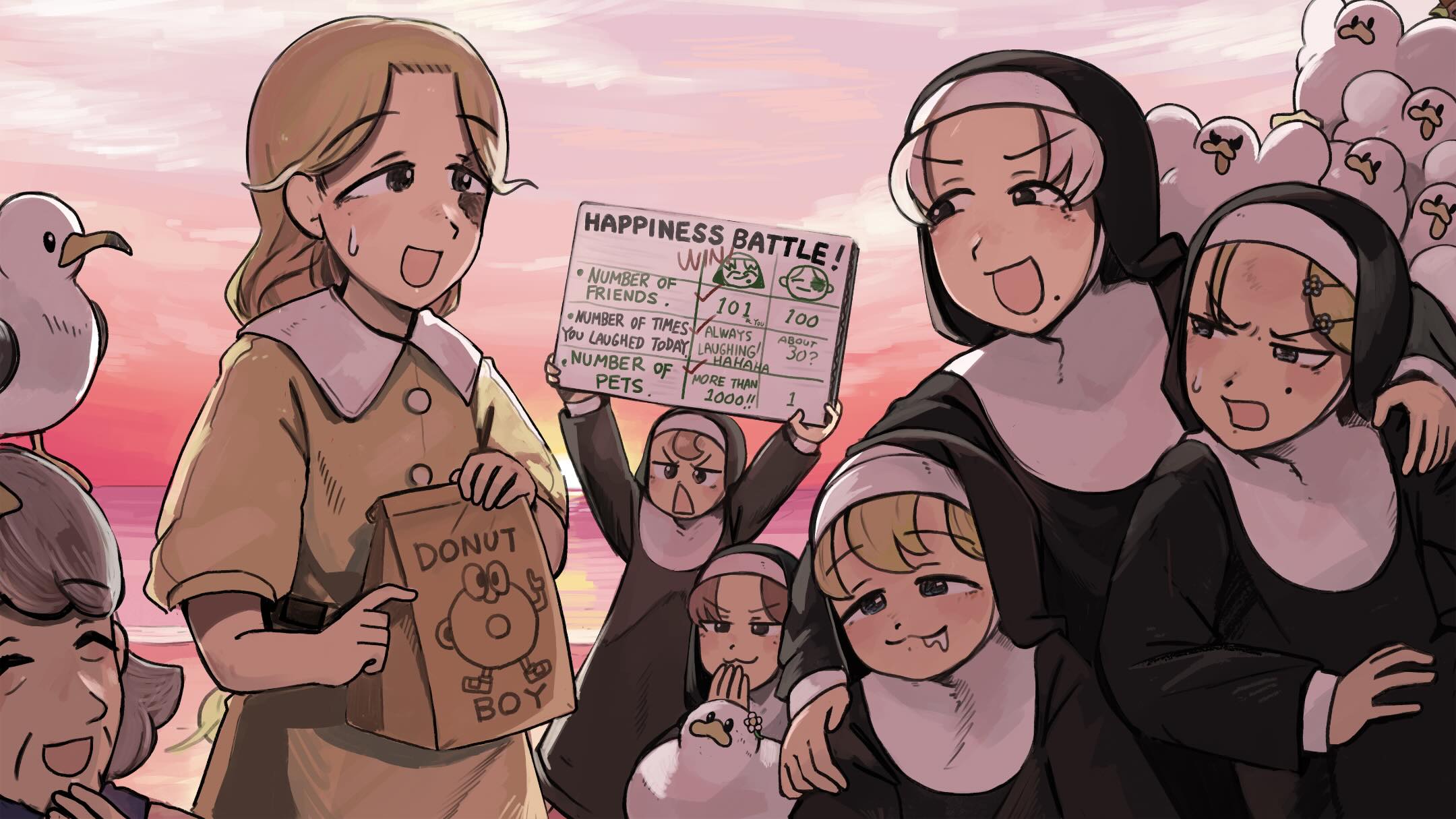 diva (hyxpk), clumsy nun (diva), froggy nun (diva), hungry nun (diva), smug nun (diva), strict nun (diva), little nuns (diva), commentary, english commentary, highres, 6+girls, :3, :d, bag, bird, blonde hair, blue eyes, brown eyes, brown hair, burn scar, burn scar girl (diva), chicken, dress, drooling, duck, grey hair, half-closed eyes, holding board, long hair, mole, mole on cheek, mole under mouth, multiple girls, nun, old, old woman, open mouth, paper bag, scar, scoreboard, seagull, smile, sunset, traditional nun, triangle mouth, yellow dress