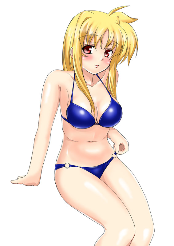 nagii, fate testarossa, lyrical nanoha, mahou shoujo lyrical nanoha, mahou shoujo lyrical nanoha strikers, 00s, 1girl, bikini, blonde hair, blue bikini, female focus, o-ring, o-ring bikini, o-ring bottom, red eyes, simple background, solo, swimsuit