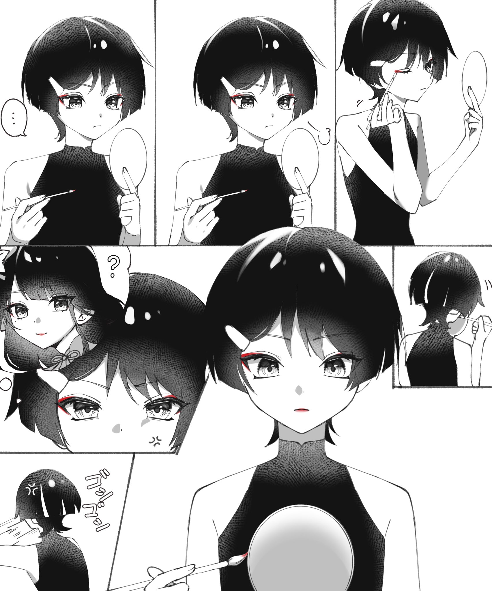 raiden shogun, scaramouche (genshin impact), wanderer (genshin impact), genshin impact, highres, 1boy, 1girl, ?, anger vein, applying makeup, applying own makeup, blunt bangs, blunt ends, bodysuit, closed mouth, eyeliner, eyeshadow, fingernails, flower, greyscale, hair flower, hair ornament, hairclip, hand mirror, hands up, looking at mirror, makeup, makeup brush, male focus, mandarin collar, mirror, mole, mole under eye, monochrome, mother and son, one eye closed, puff of air, red eyeliner, red eyeshadow, red lips, sequential, sleeveless, sleeveless bodysuit, solo, spoken character, spot color, string, swept bangs, takura 0103, wispy bangs