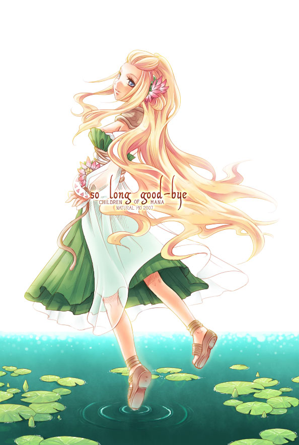 souchi, tess (children of mana), children of mana, seiken densetsu, 1girl, blonde hair, blue eyes, brown sandals, dress, female focus, flower, ripples, sandals, solo