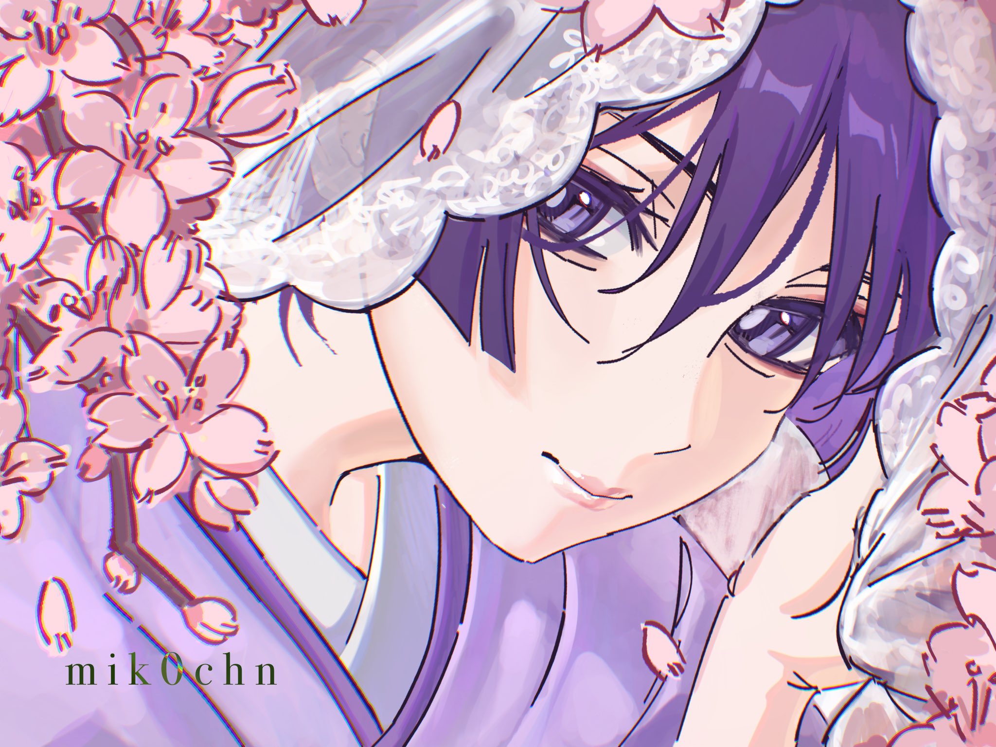 mik0chn, scaramouche (genshin impact), scaramouche (kabukimono) (genshin impact), genshin impact, highres, 1boy, androgynous, blunt ends, cherry blossoms, closed mouth, eyelashes, eyeliner, eyeshadow, falling petals, japanese clothes, juban, kimono, looking at viewer, makeup, male focus, outdoors, petals, pink lips, pink petals, portrait, purple eyes, purple hair, purple kimono, red eyeliner, red eyeshadow, see-through clothes, see-through veil, smile, solo, veil, white kimono, white veil, wispy bangs