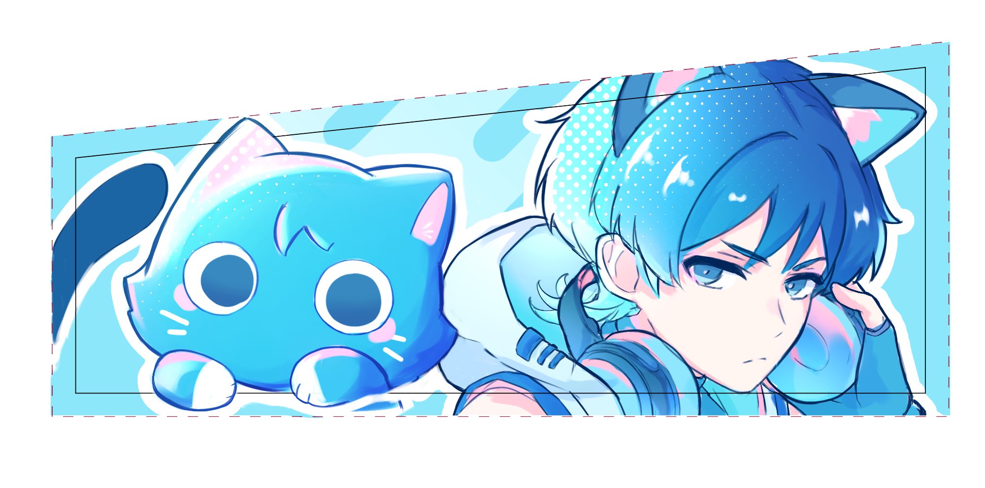 vivivovo, blue cat, scaramouche (cat) (genshin impact), scaramouche (genshin impact), genshin impact, highres, 1boy, alternate costume, animal ear fluff, animal ears, animalization, blue background, blue hair, blunt ends, border, casual, cat ears, closed mouth, contemporary, fake animal ears, grey eyes, headphones, headphones around neck, hood, hood down, looking at viewer, pastel colors, person and animalization, split mouth, tsurime, white border, white hood, wispy bangs
