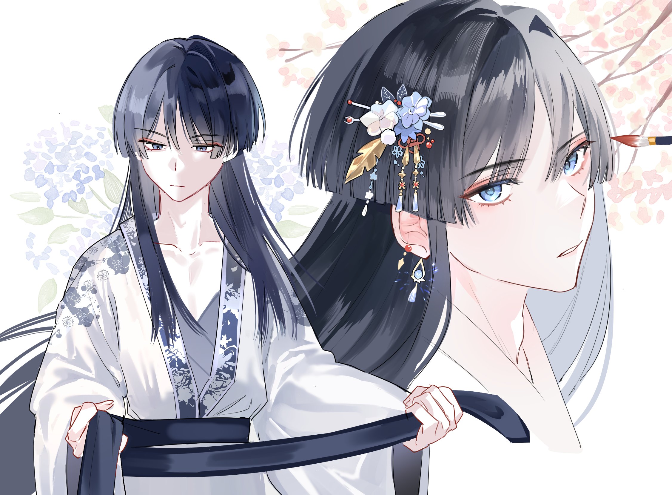 scaramouche (genshin impact), wanderer (genshin impact), genshin impact, highres, 1boy, adam's apple, alternate costume, alternate hair length, alternate hairstyle, anemo symbol (genshin impact), arms at sides, bishounen, black hair, black sash, blue eyes, blue flower, blue gemstone, blunt ends, chinese knot, closed mouth, collarbone, cranberry11 207, earrings, eyelashes, feather hair ornament, feathers, floral print, floral print kimono, flower, gem, hair flower, hair ornament, holding sash, japanese clothes, jewelry, kimono, leaf, leaf hair ornament, long hair, long sleeves, looking at viewer, looking down, makeup brush, male focus, obi, parted lips, pom pom (clothes), pom pom hair ornament, print kimono, sash, solo, tassel, tassel earrings, tassel hair ornament, tsurime, tying, vision (genshin impact), white flower, white kimono, white mouth, white sleeves, wide sleeves, wispy bangs, yellow feathers