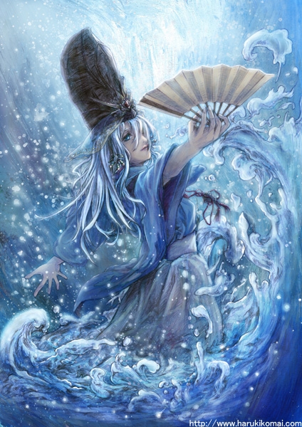 komai haruki, original, blue eyes, blue hair, folding fan, hand fan, paper fan, solo, water, waves, waving
